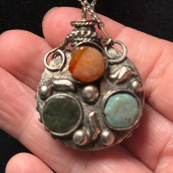 Elegant Perfume Bottle Snuff Silver Tone Pendant with Amber and Yellow Stones - Picture 2 of 6